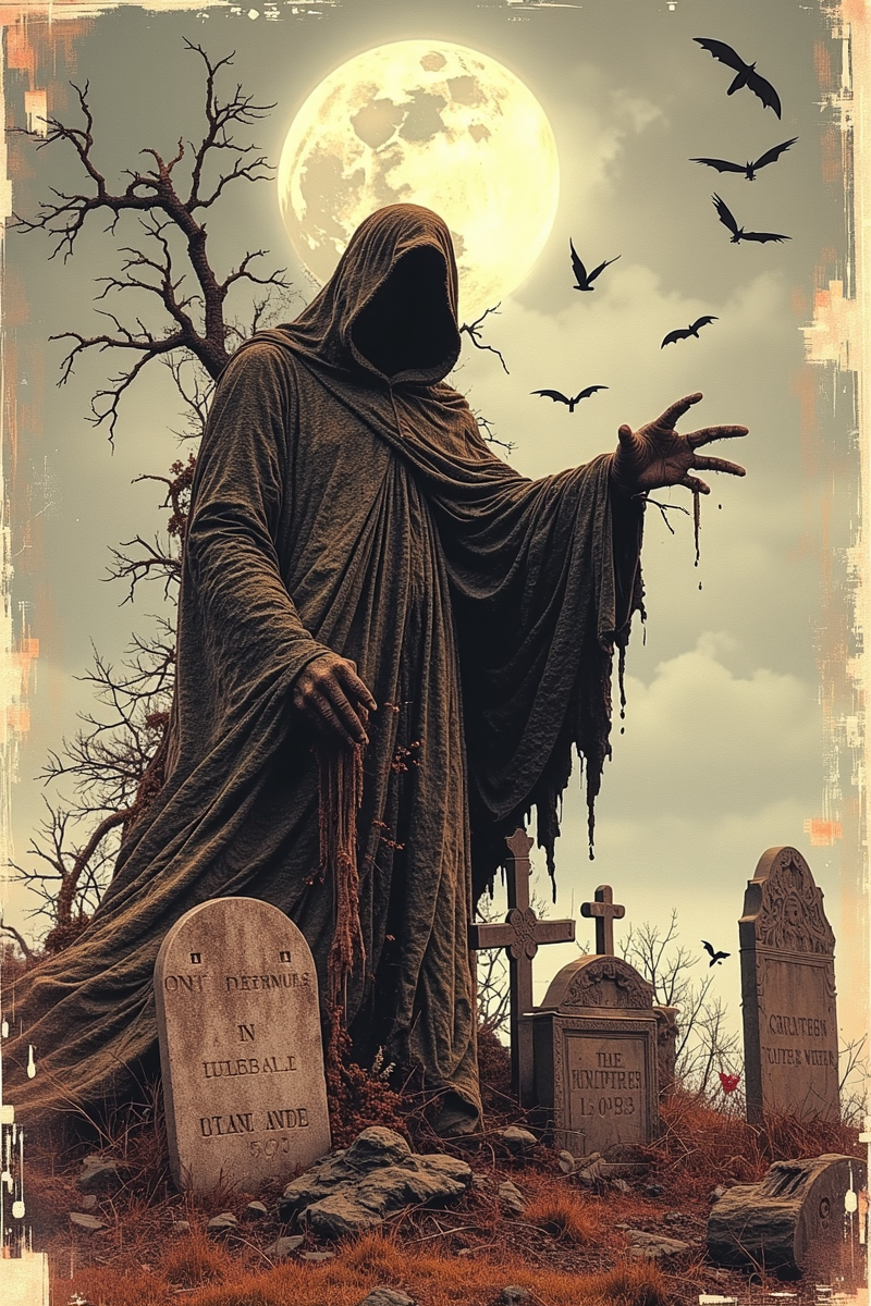 00128-3357504536-A haunted graveyard under a first quarter Moon, with gnarled trees, dilapidated tombstones, and a stormy sky. Include bats, fog,.png